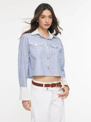 Cotton-blend Striped Collar Metal Detail Shirt