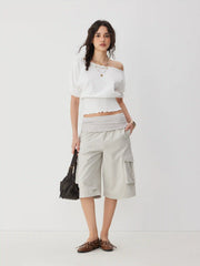 Cotton-blend Asymmetrical Neck Ruffled Sleeve Shirred Oversized Tee