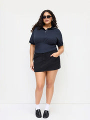 Cotton-blend Collar Lace Up Corset Side Striped Tee Curve & Plus