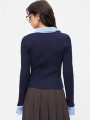 Cable Knit Collar Long Sleeve Stripe Top