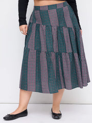 Cotton-blend Mid Rise Tartan Patched Tiered Maxi Skirt Curve & Plus