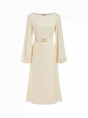 Satin Boat Neck Lantern Sleeve Mermaid Maxi Dress With Belt