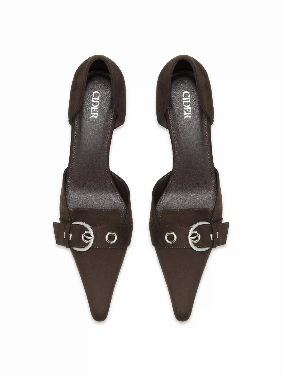 POINTED-TOE FAUX SUEDE BUCKLE HEELS