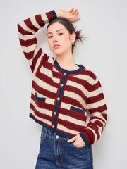 Knit Round Neck Striped Contrasting Binding Pocket Cropped Cardigan