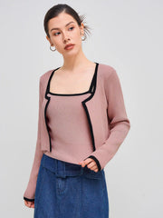 Knitted Round Neckline Solid Contrasting Binding Long Sleeve Top With Crop Cami Top