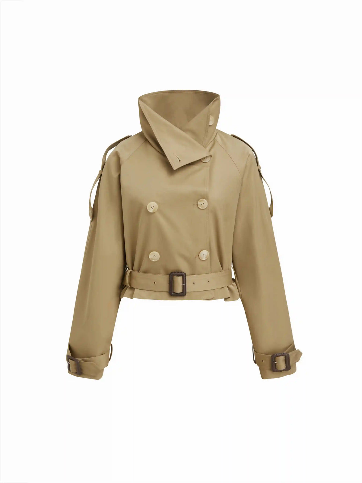 Funnel Collar Double Breasted Trench Coat With Belt