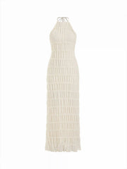 Chiffon Halter Neckline Sleeveless Ruched Straight Maxi Dress