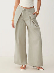 Cotton-blend Low Rise Wrap Waist Wide Leg Trousers