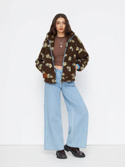 Cider Fleece Floral Zip Through Oversized Jacket