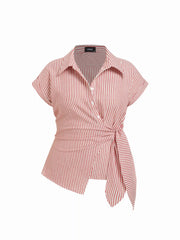 Linen-blend Stripe Asymmetrical Tie-front Blouse Curve & Plus