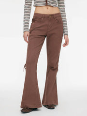 Stretch Washed Denim Low Rise Drawstring Flared Trousers Jeans