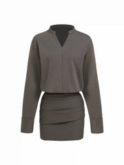 Cotton-blend V-neck Ruched Solid Mini Dress