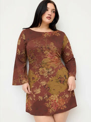 Floral Boat Neck Bell Sleeve Ruched Mini Dress Curve & Plus