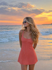 Cotton-Blend Striped Halter Neckline Backless A-Line Mini Dress