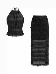 Jacquard Textured Ruffled Top & Mid Rise Bodycon Maxi Skirt Set