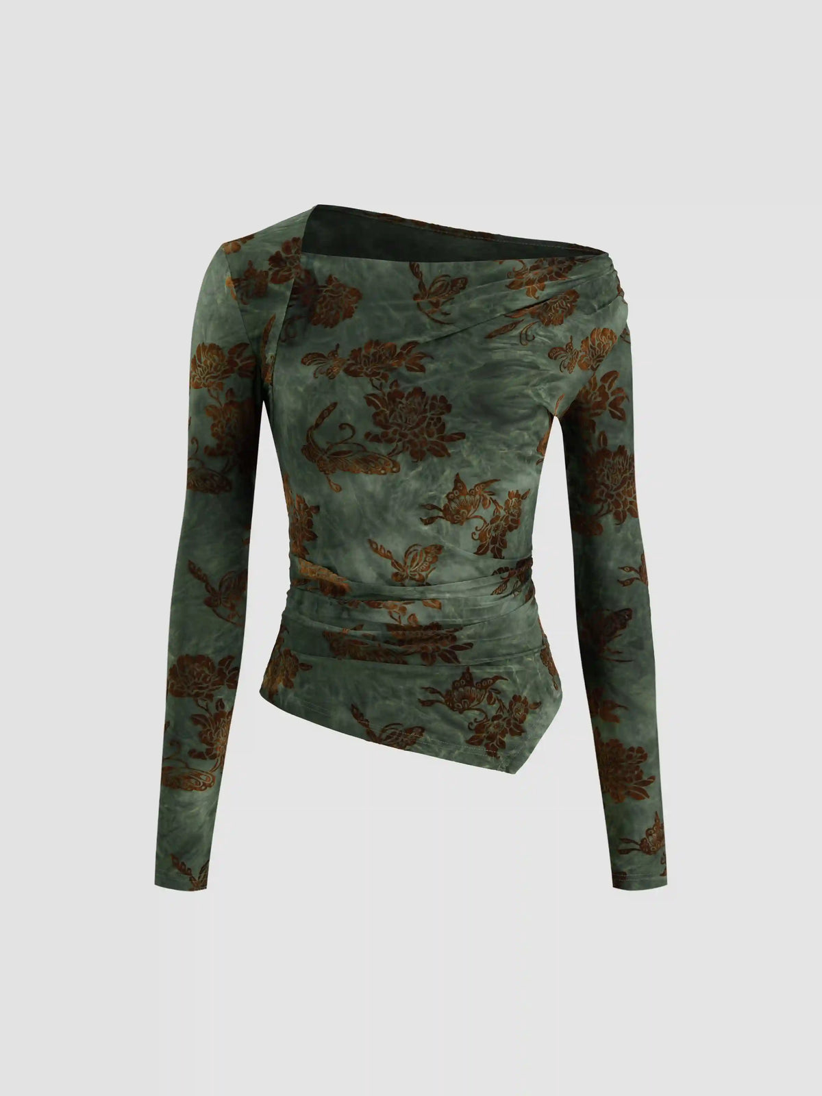 Asymmetrical Neck Floral Ruched Long Sleeve Blouse
