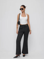 Mid Rise Striped Metal Detail Flared Trousers