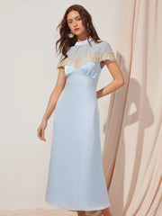 Satin Stand Collar Lace Panel A-line Maxi Dress