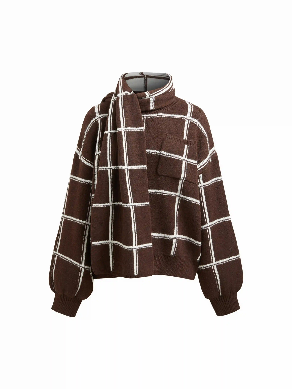 Knit Wool-blend Check Round Neckline Long Sleeve Top With Scarf
