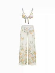 V-neck Fruit Graphic Low Rise Triangle 3 Piece Bikini Set With Pants