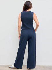Cotton-blend V-neck Solid Button Vest & Mid Rise Pocket Wide Leg Trousers
