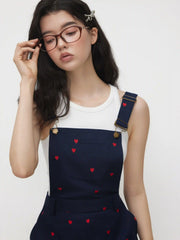 Cotton-blend Square Neck Heart Embroidery Buckle Micro Romper
