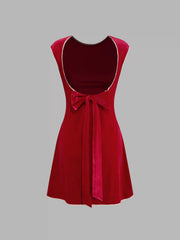 Velvet Boat Neck Bowknot Ruched Mini Dress
