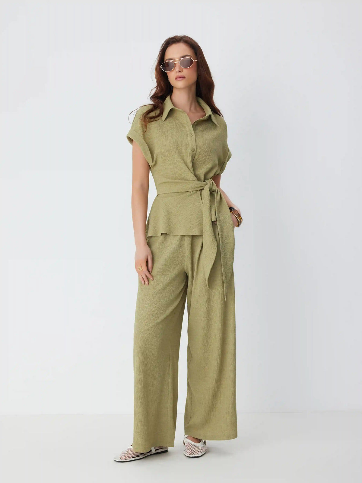 Textured Short Sleeve Draped Wide Leg Jumpsuit
