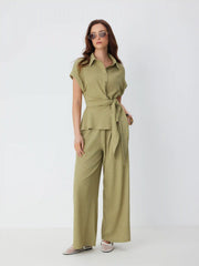 Textured Short Sleeve Draped Wide Leg Jumpsuit
