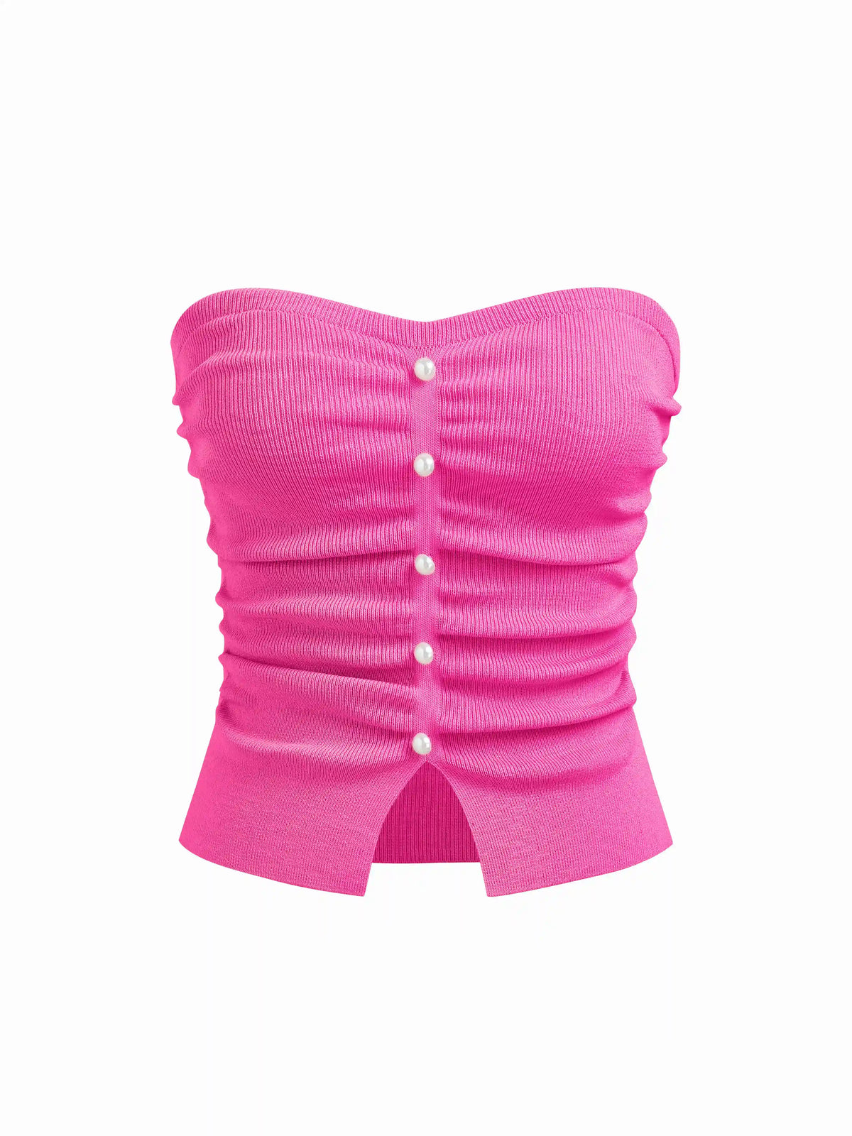 Faux Pearl Split Ruched Knit Crop Top