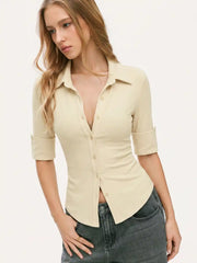 Collar Mid-length Sleeve Button Top