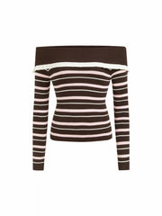 Knit Off-Shoulder Striped Ruffled Top