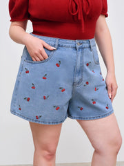 Cider Denim Mid Rise Cherry Embroidery Shorts Curve & Plus