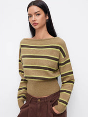 Knit Boat Neck Striped Long Sleeve Top