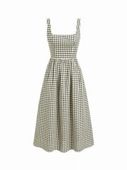 Cotton-blend Square Neck Gingham A-line Maxi Dress