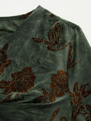 Asymmetrical Neck Floral Ruched Long Sleeve Blouse