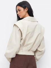 Cotton Notched Collar Double Breasted Elastic Waist Cropped Jacket