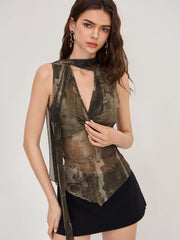Mesh Floral Twist Lettuce Trim Tank Top With Scarf