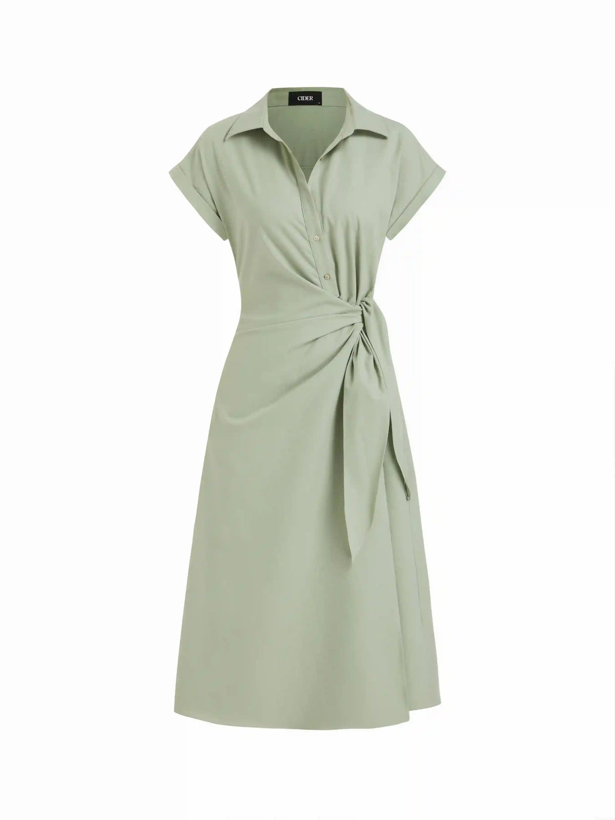 Linen-blend Short Sleeve Twist Knotted Shirt Midi Dress