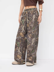 Cotton-blend Mid Rise Elastic Waist Floral Camo Wide Leg Trousers