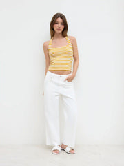 Cotton-blend Halter Neckline Stripe Texture Tank Top