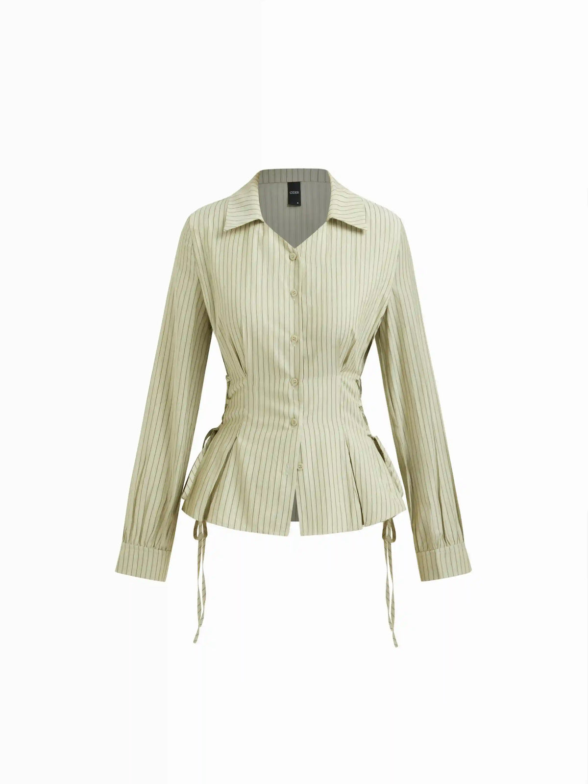 Cotton-blend Striped Collar Long Sleeve Lace Up Cinched Waist Shirt
