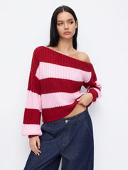 Knit Asymmetrical Neck Striped Oversized Top