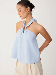 Linen-blend Beaded Halter Neckline Knotted Oversized Top