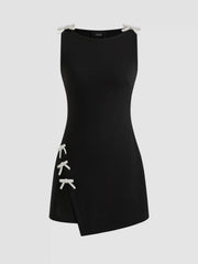 Boat Neckline Solid Bowknot Wrap Mini Dress
