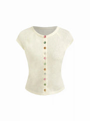 Round Neckline Short Sleeve See-through Button Front Blouse
