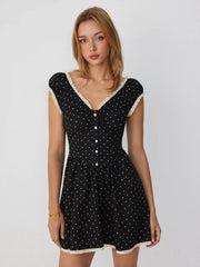 Jacquard Polka Dot V-neck Ruched Lace Trim Flared Mini Dress