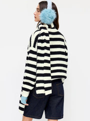 Knit Round Neck Striped Oversized Sweater Top With Scarf