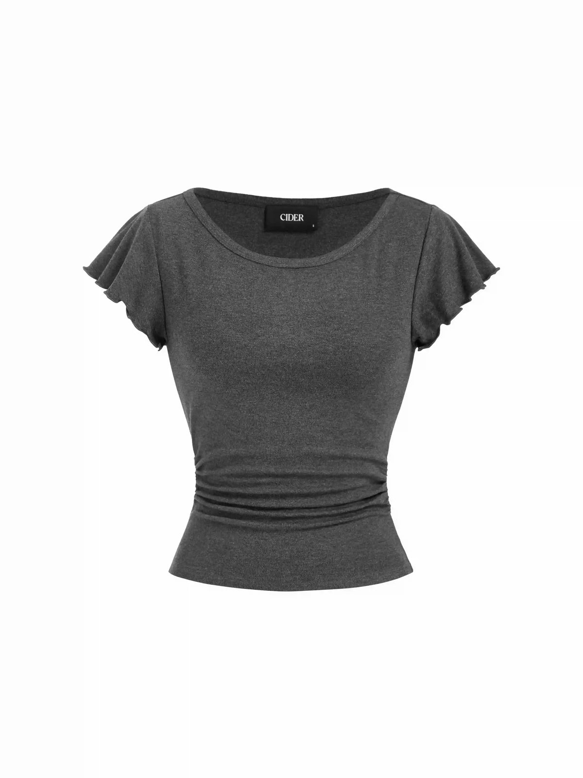 Round Neckline Ruffle Sleeve Ruched Waist Top