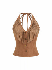 Halter Neck Fringe Button Front Top